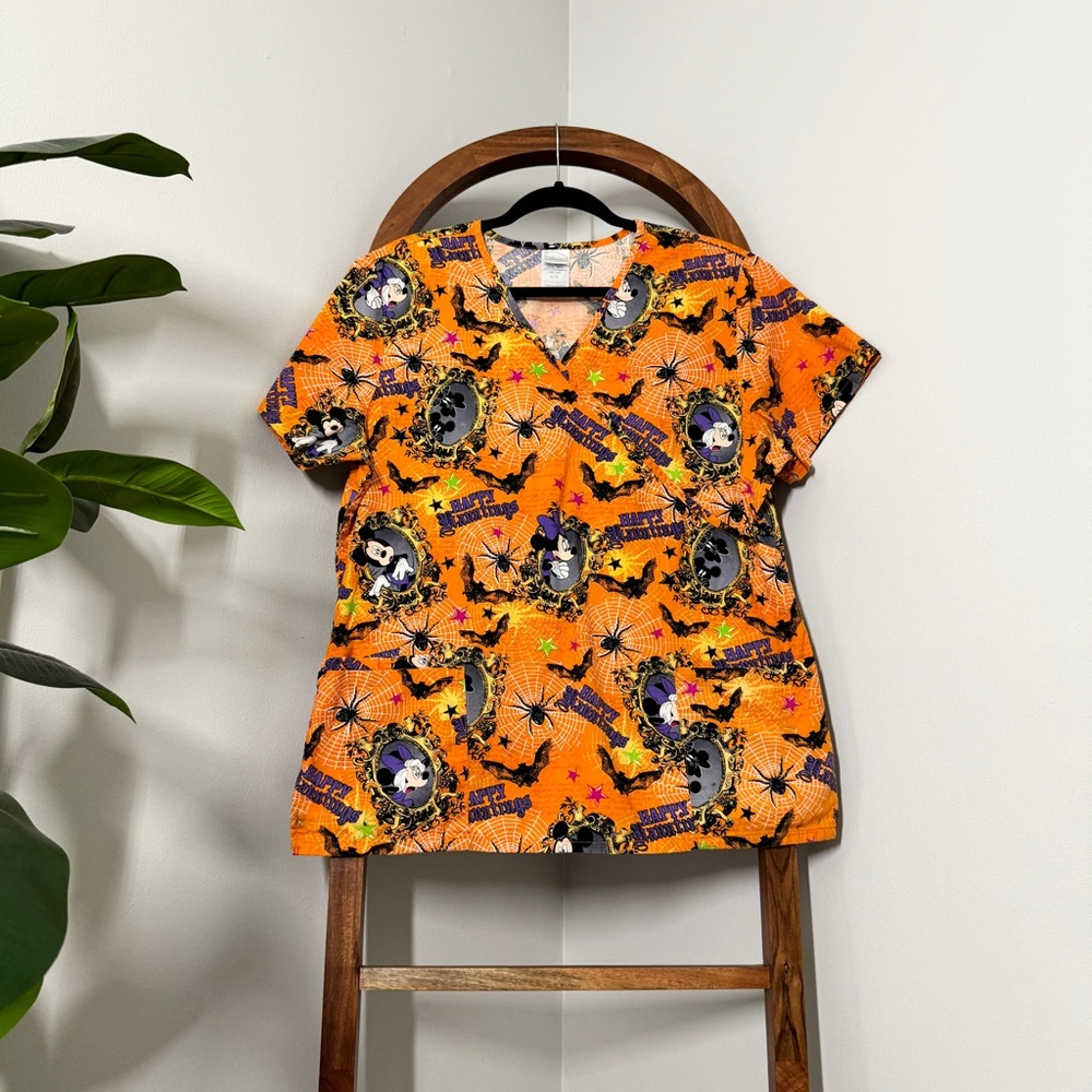 Disney LARGE Mickey Minnie Mouse Orange Short Sleeve Scrub Top